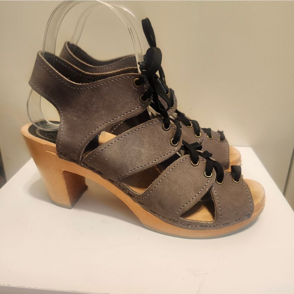 No. 6 Taupe Nubuck Leather Lace Up Corset Open Toe Wood Clogs Sz.6/36  Ret.$260 - Picture 4 of 13
